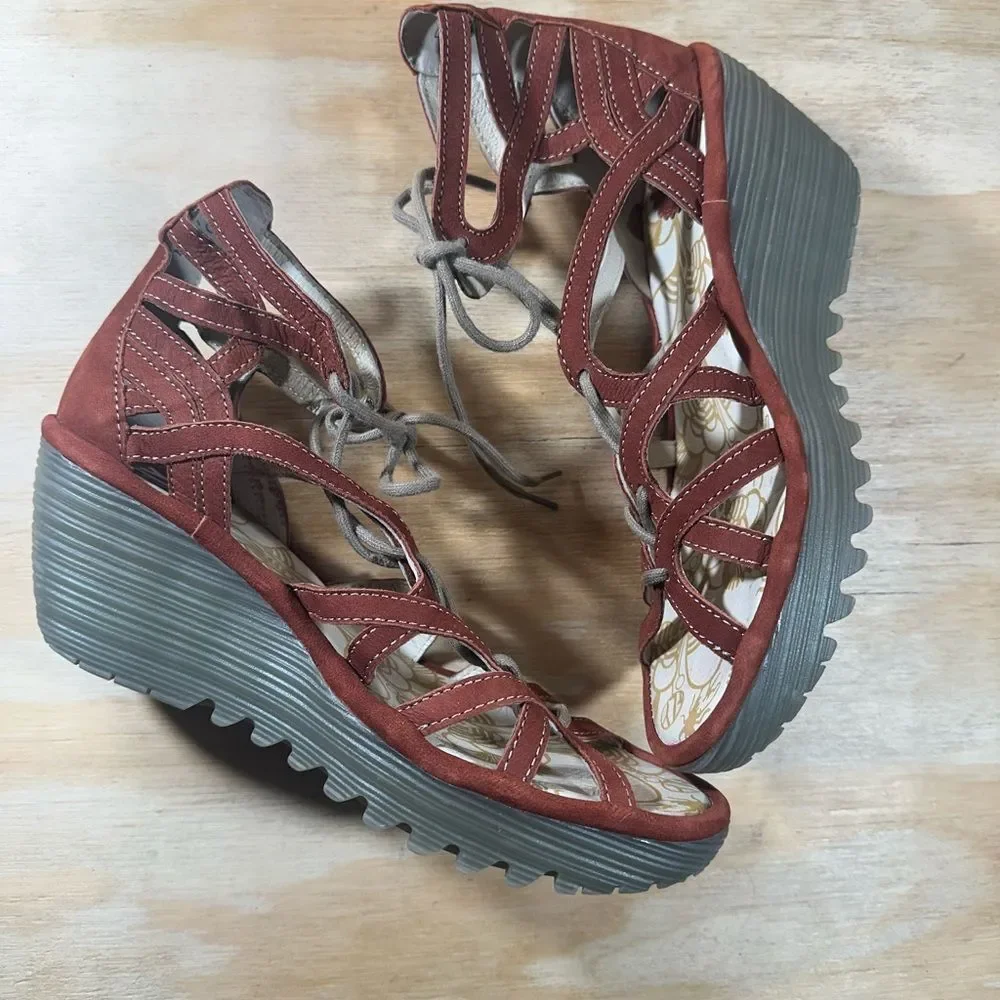 Fly London Yuke Burnt Orange Wedge Lace-Up Sandals Women’s Size 6.5